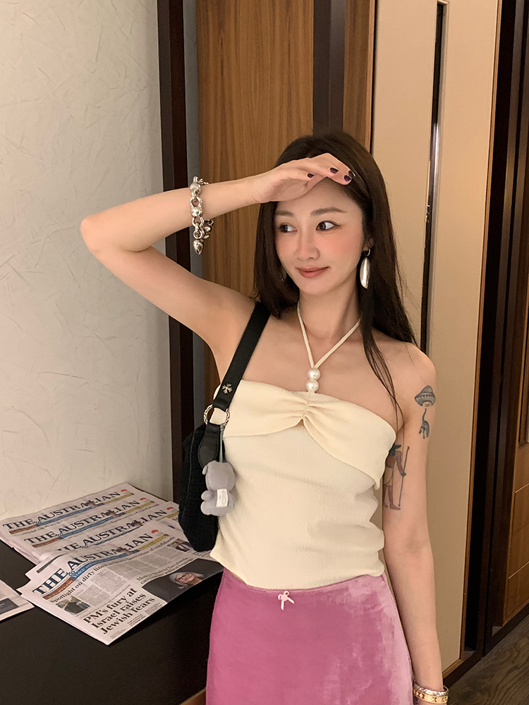 vcruan Ashiko pearl head halterneck suspender casual all-match top 2024 spring new style for women