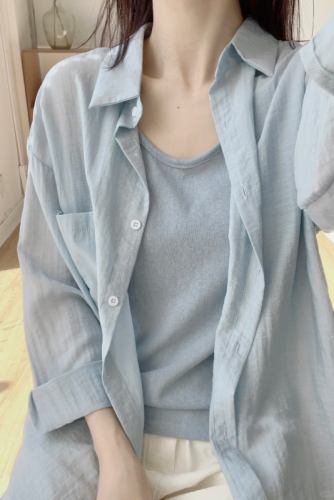 French blue thin sun protection clothing long-sleeved shirt women's summer new loose slim shirt layered top jacket