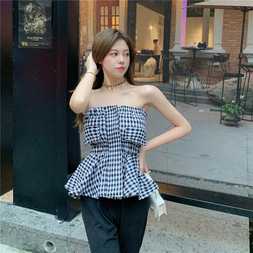 Black and white plaid tube top one-shoulder top, high-end outerwear for hot girls, summer short, sleeveless, ruffled hem