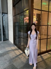 Photo-realistic French-style satin high-waisted slimming medium-length sleeveless summer dress