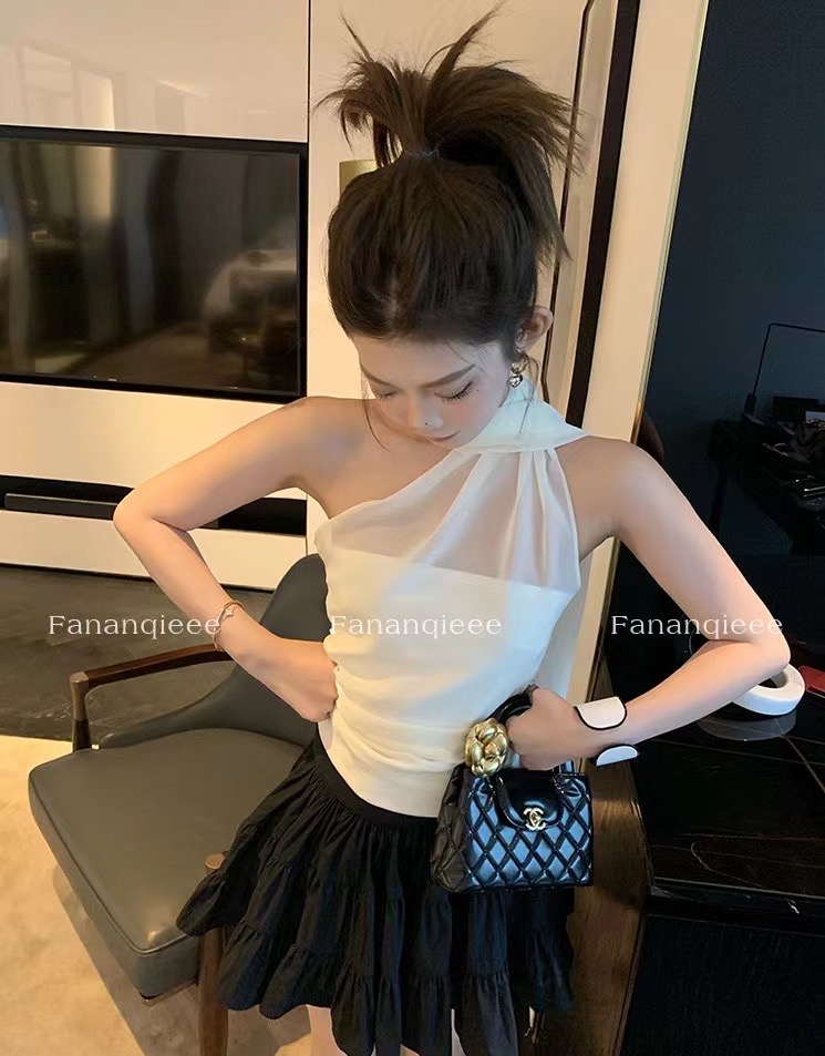 Tomato Man show level chiffon ribbon pleated sleeveless top women's tube top halter neck two-wear design T-shirt