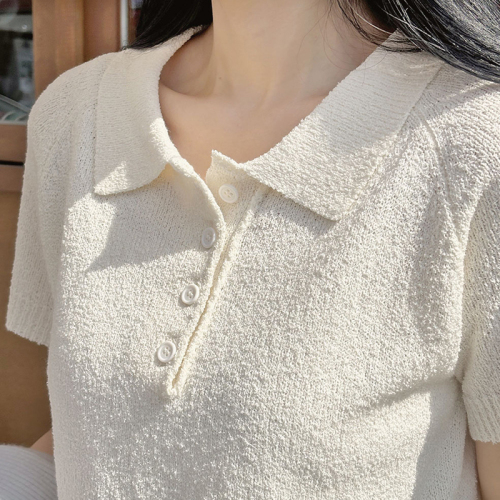 Real shot original plus size women's Korean style college solid color short sleeve pique polo lapel pullover knitted sweater