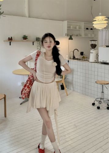 Actual shot~ Summer dress pure desire design short rose drawstring pleated short-sleeved T-shirt + skirt set