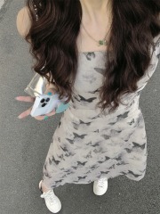 Photographed #Cool-Style Ink Wash Butterfly Chinese Style Pleated Waist Slimming Floral Camisole Dress Summer