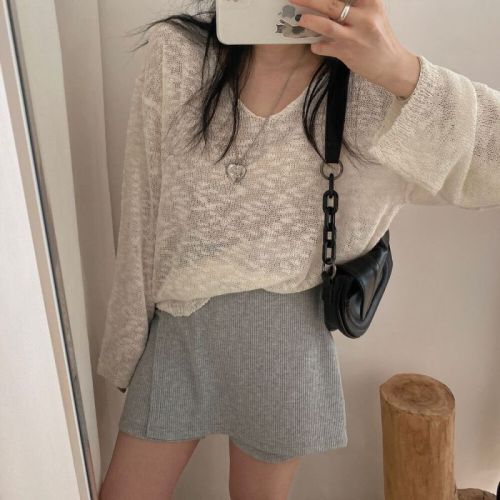 Real shot of plus size women's Korean version for fat mm with belly cotton back lace-up sun protection blouse ice silk knitted sweater