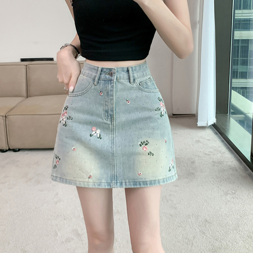 Real shot ~ New Chinese style Chinese style flower embroidered denim skirt for women high waist slimming anti-exposure hip skirt