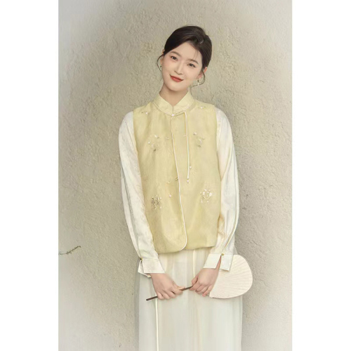 Quality Inspection Officer Picture New Chinese Style Women's Clothing Buckle Vest National Style Top Zen Tea Clothes Jacquard Yellow Embroidered Vest