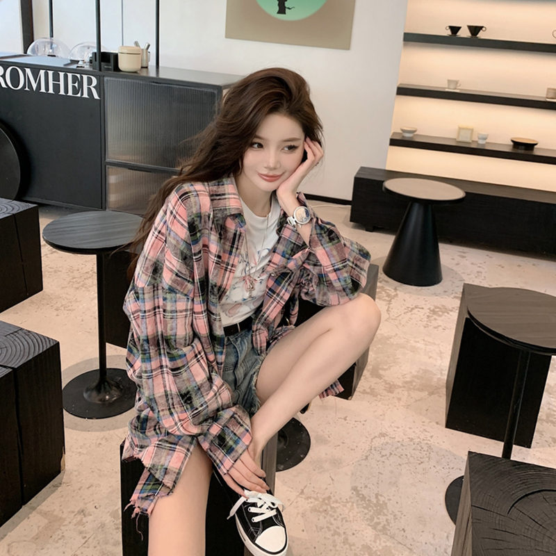 Power shirt 100 cotton heavy tie dye printing fashionable loose off shoulder plaid shirt