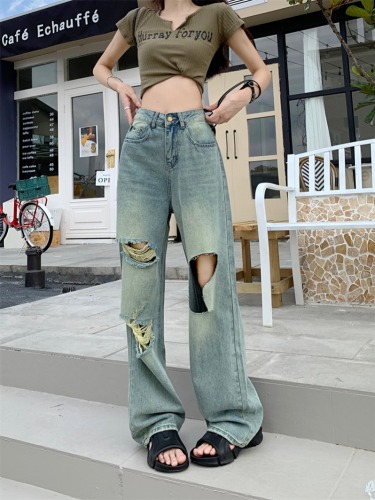 Real shot of ripped jeans for women, summer thin, 2024 new style, loose, high-waisted, floor-length straight wide-leg pants