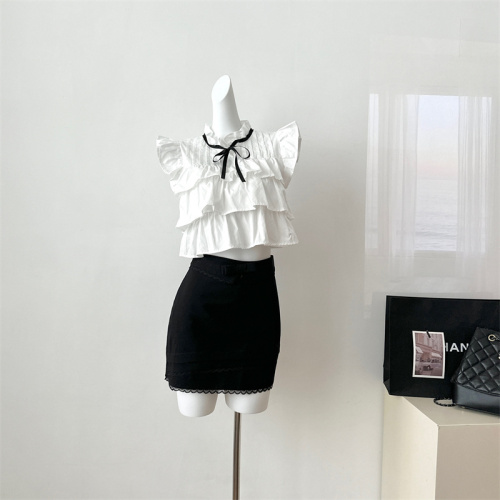 Chi Umbrella 24/ss Ruth's Story lace-up small flying sleeves thousand-layer top with bow tie small straight skirt short skirt