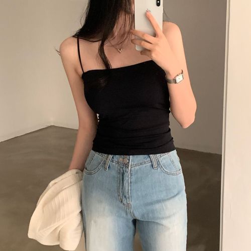 Korean chic spaghetti strap small camisole women's casual sleeveless top with breast pads for inner wear and outer wear