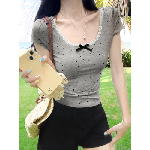 Real shot of Korean style lace bow print slim sweet hottie pure desire U-neck short T-shirt for women