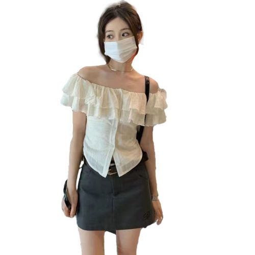 2024 spring and summer new sweet hot girl tops niche one-shoulder slim design shirt lace ruffled tops