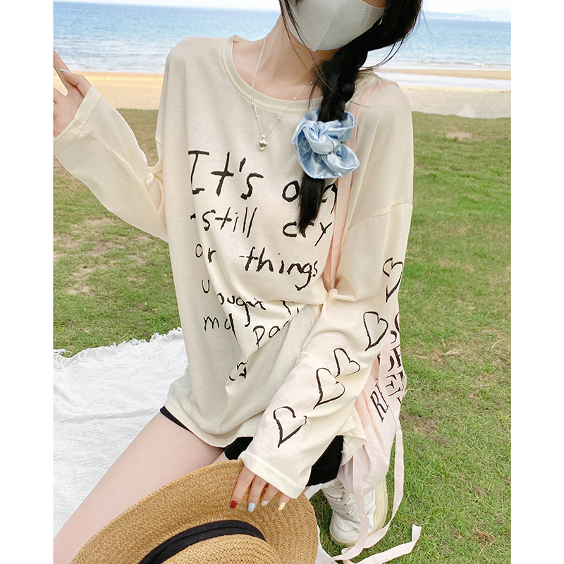 Real shot round neck long sleeve sun protection blouse for women summer thin letter print T-shirt casual loose top