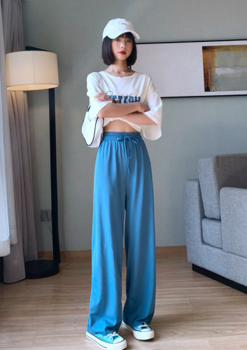 Large size ice silk wide-leg pants for fat mm women plus size women's loose straight-cut floor-length trousers