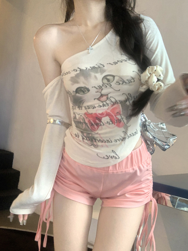 实拍 纯欲辣妹不规则斜肩T恤设计感粉色短裤两件套