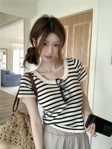Real shot Korean style striped design square collar short-sleeved wool knitted T-shirt top for women