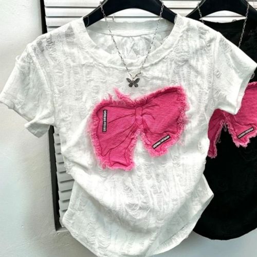 Design niche bow patch embroidery chic and unique short top pink short-sleeved T-shirt for women in summer