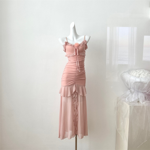 Blovelan Peach Love Song Sweet Heavy Industry Layered Mesh Ruffles Slit Chiffon Suspender Skirt Summer New Product