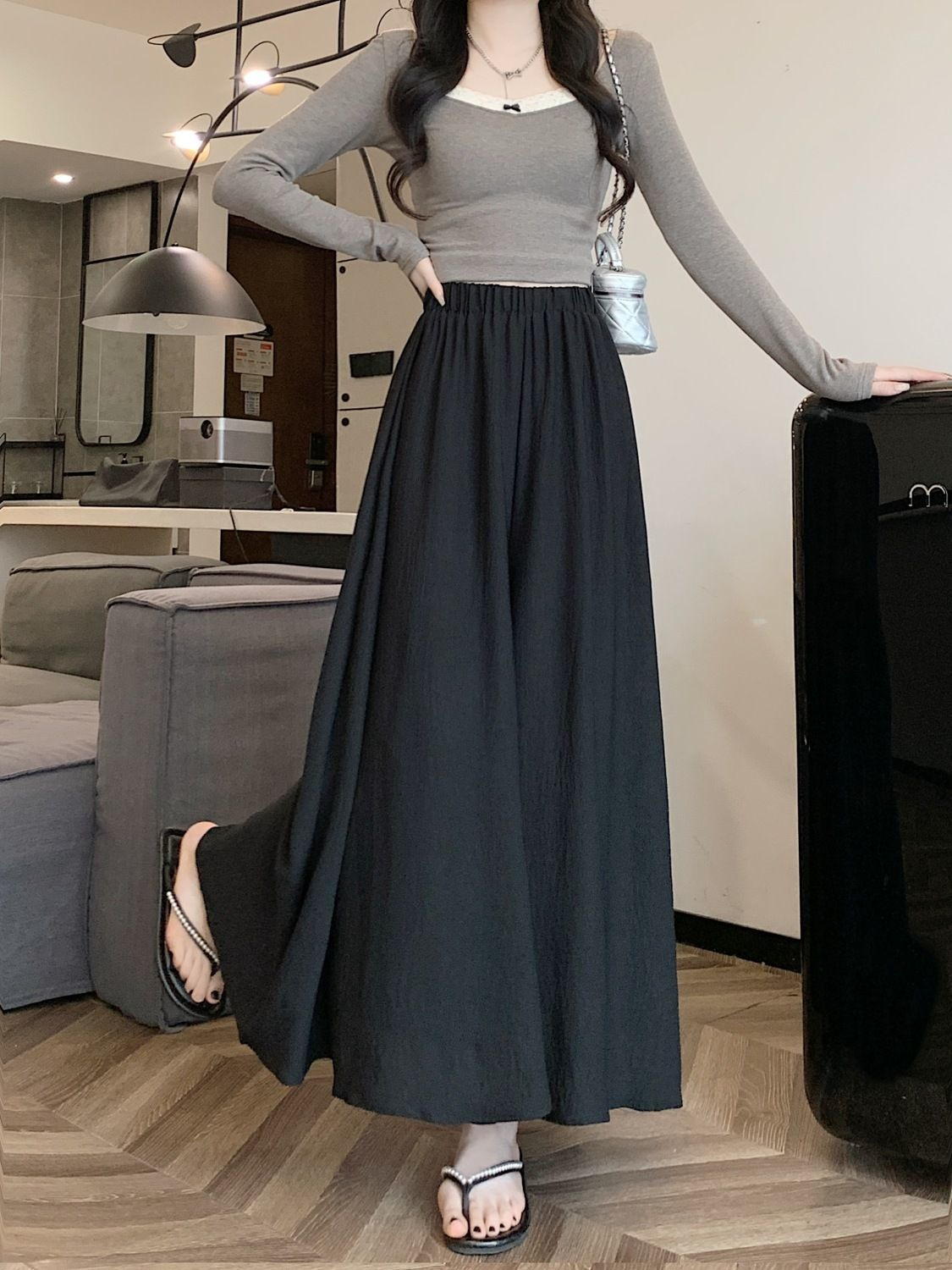 High waist drape wide leg culottes women's trousers summer 2024 new ins style fluttering loose solid color casual pants
