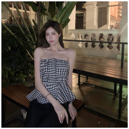 Black and white plaid tube top one-shoulder top, high-end outerwear for hot girls, summer short, sleeveless, ruffled hem