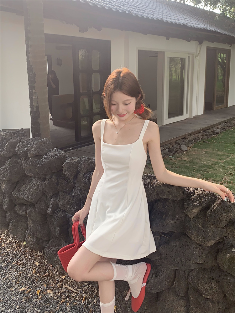 Real shot!  Square collar temperament petite waist-strap A-line skirt for women