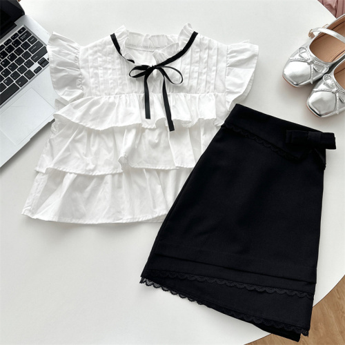 Chi Umbrella 24/ss Ruth's Story lace-up small flying sleeves thousand-layer top with bow tie small straight skirt short skirt