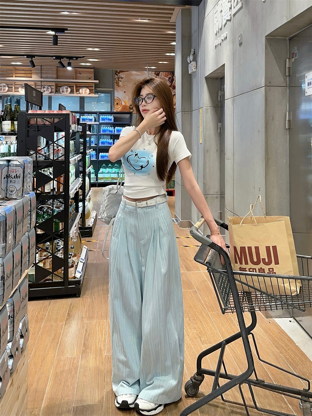 Actual shot ~ Korean style round neck love printed studded short slim fit short-sleeved T-shirt + high-waisted straight Yamamoto pants