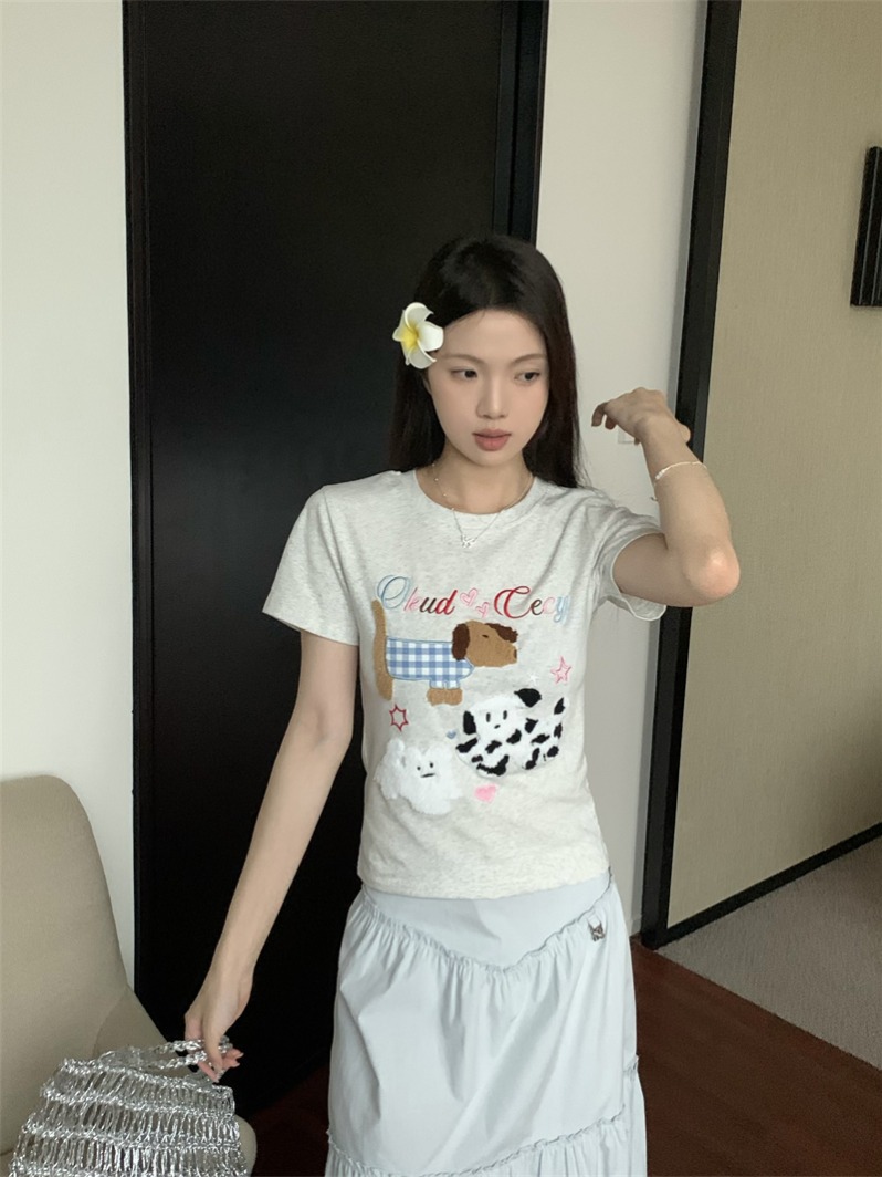 實拍~美式復古慵懶小狗毛巾繡正肩短款T恤上衣