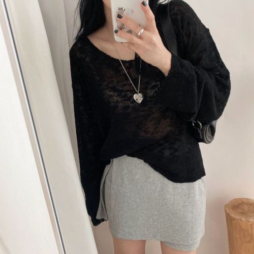 Real shot of plus size women's Korean version for fat mm with belly cotton back lace-up sun protection blouse ice silk knitted sweater