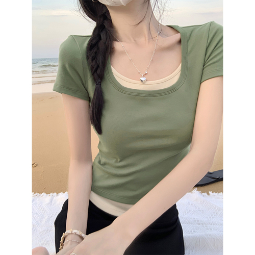 Real shot square collar exposed collarbone solid color fake two-piece white short waist slim short-sleeved top T-shirt