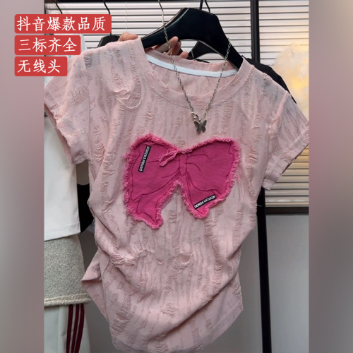 Design niche bow patch embroidery chic and unique short top pink short-sleeved T-shirt for women in summer