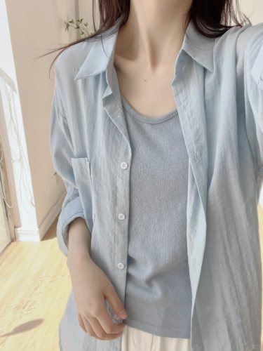 French blue thin sun protection clothing long-sleeved shirt women's summer new loose slim shirt layered top jacket