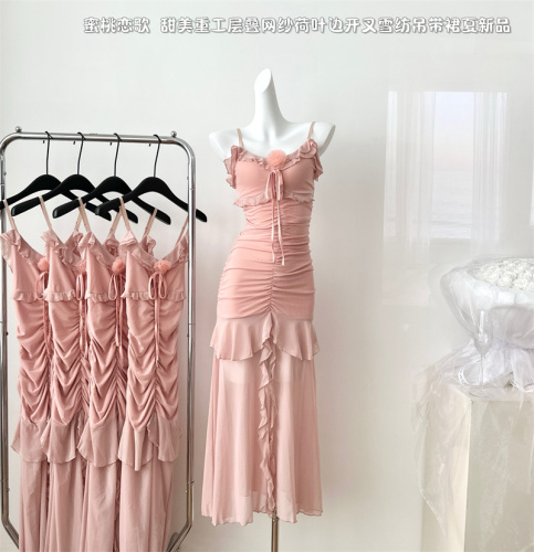 Blovelan Peach Love Song Sweet Heavy Industry Layered Mesh Ruffles Slit Chiffon Suspender Skirt Summer New Product