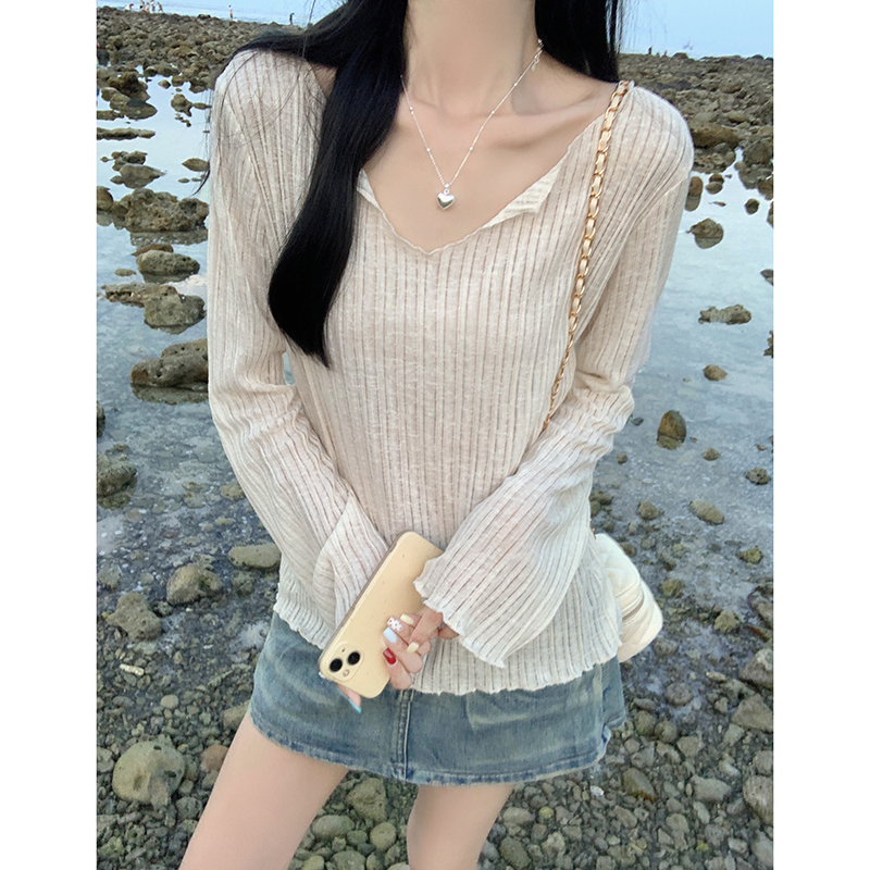 Photographed casual style long-sleeved sun protection cover-up summer thin striped loose matchable top