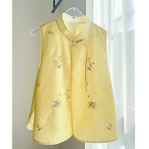 Quality Inspection Officer Picture New Chinese Style Women's Clothing Buckle Vest National Style Top Zen Tea Clothes Jacquard Yellow Embroidered Vest