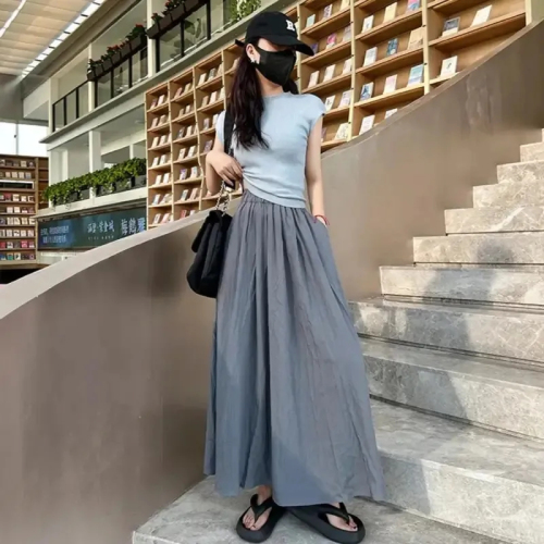 Yamamoto girls summer apricot high-waist pleated new long skirt loose slimming casual fresh A-line skirt