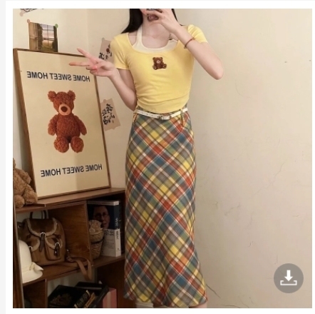 Soft and waxy custard bear long and short sweet cool style slim version waist slimming T rainbow plaid T-shirt retro cute two-piece set