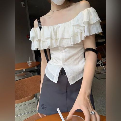 2024 spring and summer new sweet hot girl tops niche one-shoulder slim design shirt lace ruffled tops