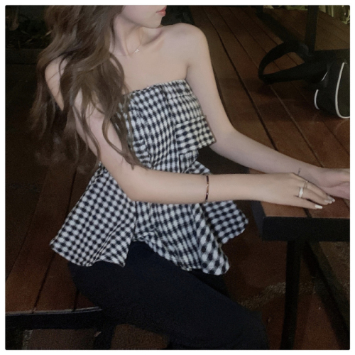 Black and white plaid tube top one-shoulder top, high-end outerwear for hot girls, summer short, sleeveless, ruffled hem