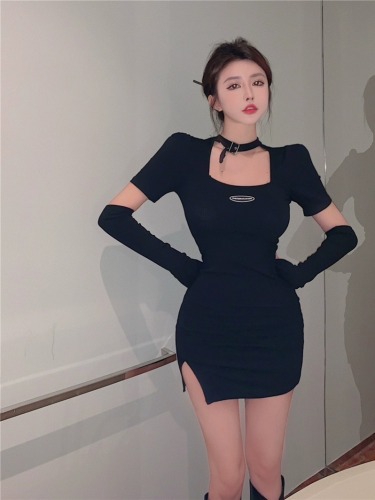 Real shot!  Pure Desire Hot Girl Sexy Square Neck Halter Short Sleeve Dress Women's Sleeve Cover Hip Skirt