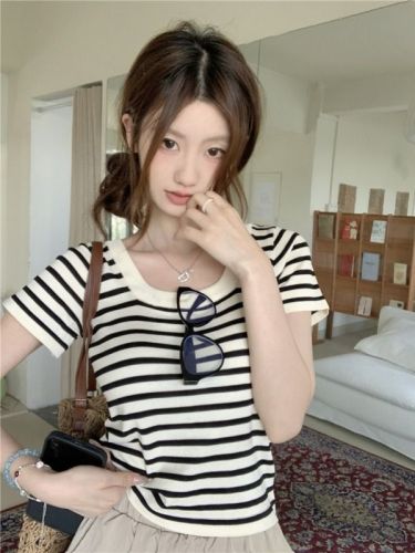 Real shot Korean style striped design square collar short-sleeved wool knitted T-shirt top for women