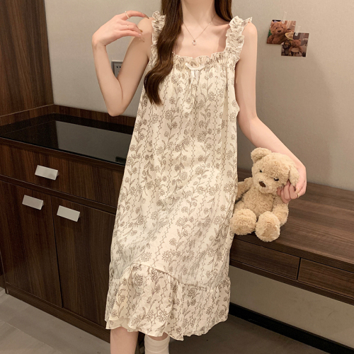 Real shot of Yunduo cotton new summer sling loose large size sexy pajamas women's nightgown with breast pads home clothes