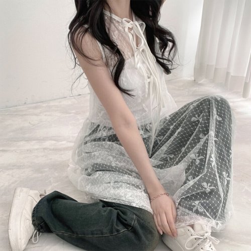 2024 spring and summer versatile Korean ins style layered mesh see-through back strappy lace long skirt sleeveless dress