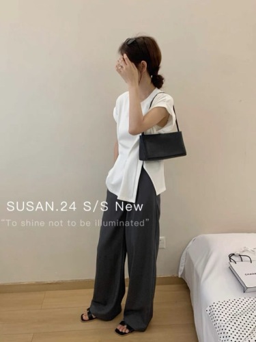 susan2024新款圆领小众夏季韩系开叉上衣设计感飞飞袖气质短袖t恤