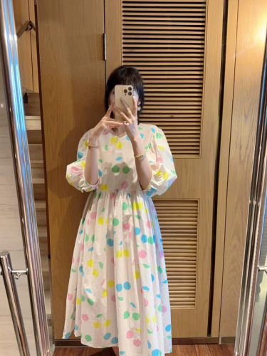 2024韩国东大门新款可爱彩色樱桃洋气显瘦泡泡袖夏季飘逸连衣裙