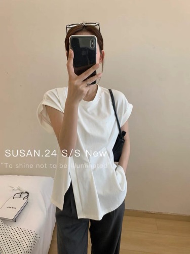 susan2024新款圆领小众夏季韩系开叉上衣设计感飞飞袖气质短袖t恤