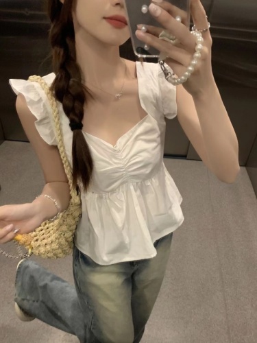 法式方领飞飞袖白色衬衫女夏季设计感小众蝴蝶结短款小个子上衣
