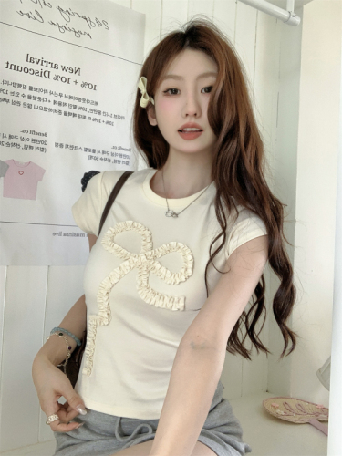 Photographed Summer Korean Style Fitted Square Shoulder Slimming Splicing Bowknot Youthful Pure Cotton Short Sleeve T-Shirt Top