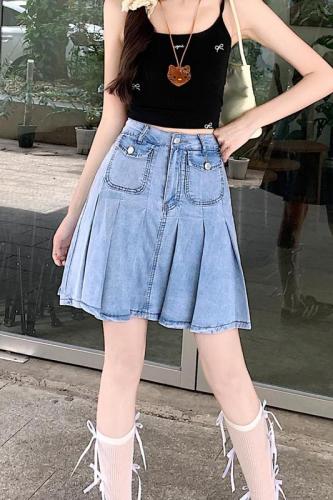 Real shot of denim Tencel fake two-piece culottes style retro skirt for girls high waisted hot girl a line pleated short skirt